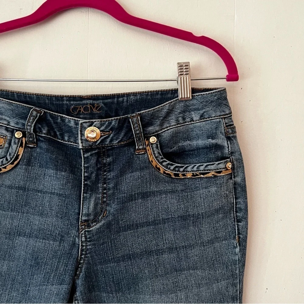 Cache Mid-Rise Animal Print Trimmed Boot Cut Jeans Size 6